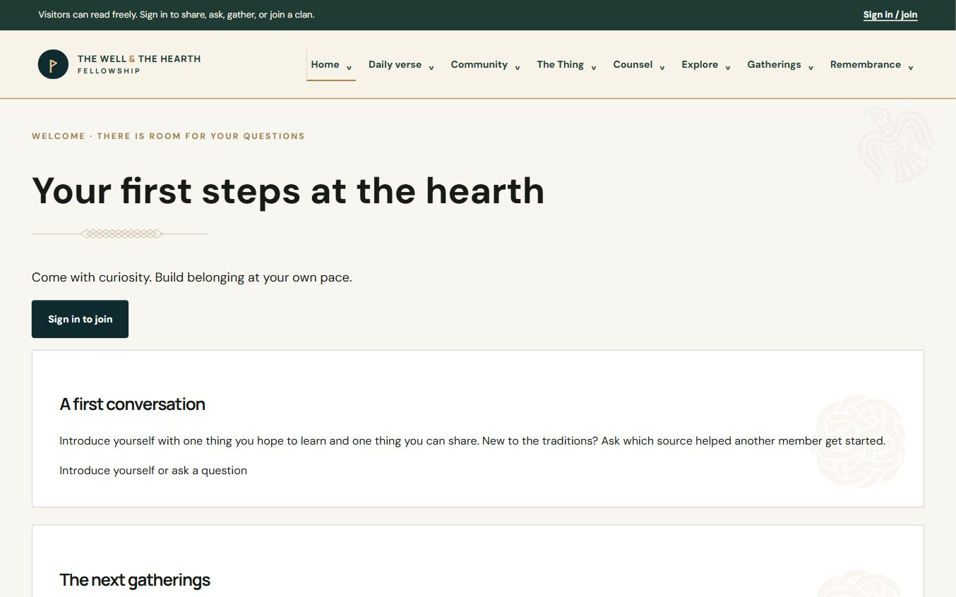 Well and The Hearth public welcome page introducing its community and learning resources.